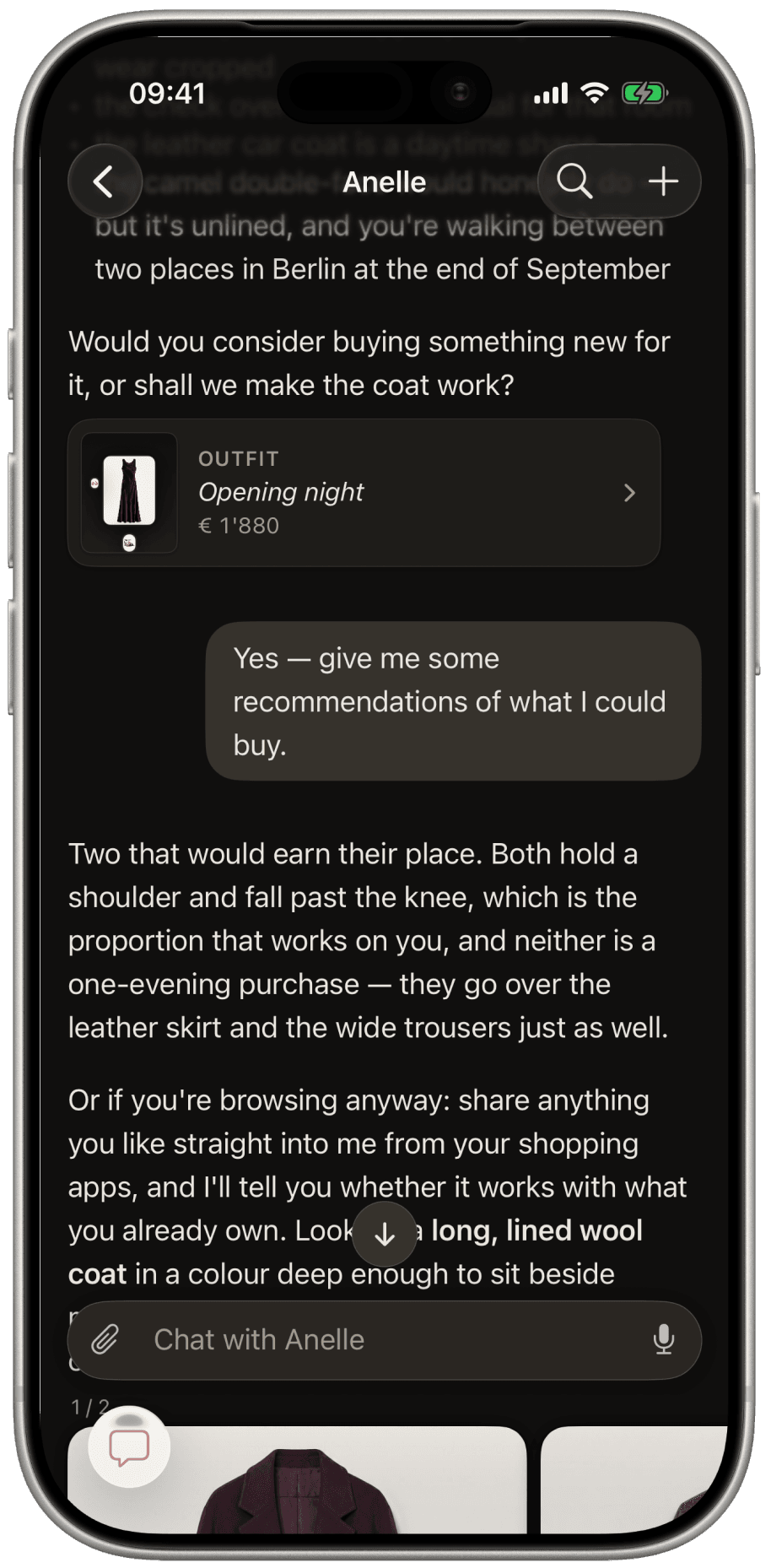 The assistant works through the garments the user already owns and asks whether they want to buy something.