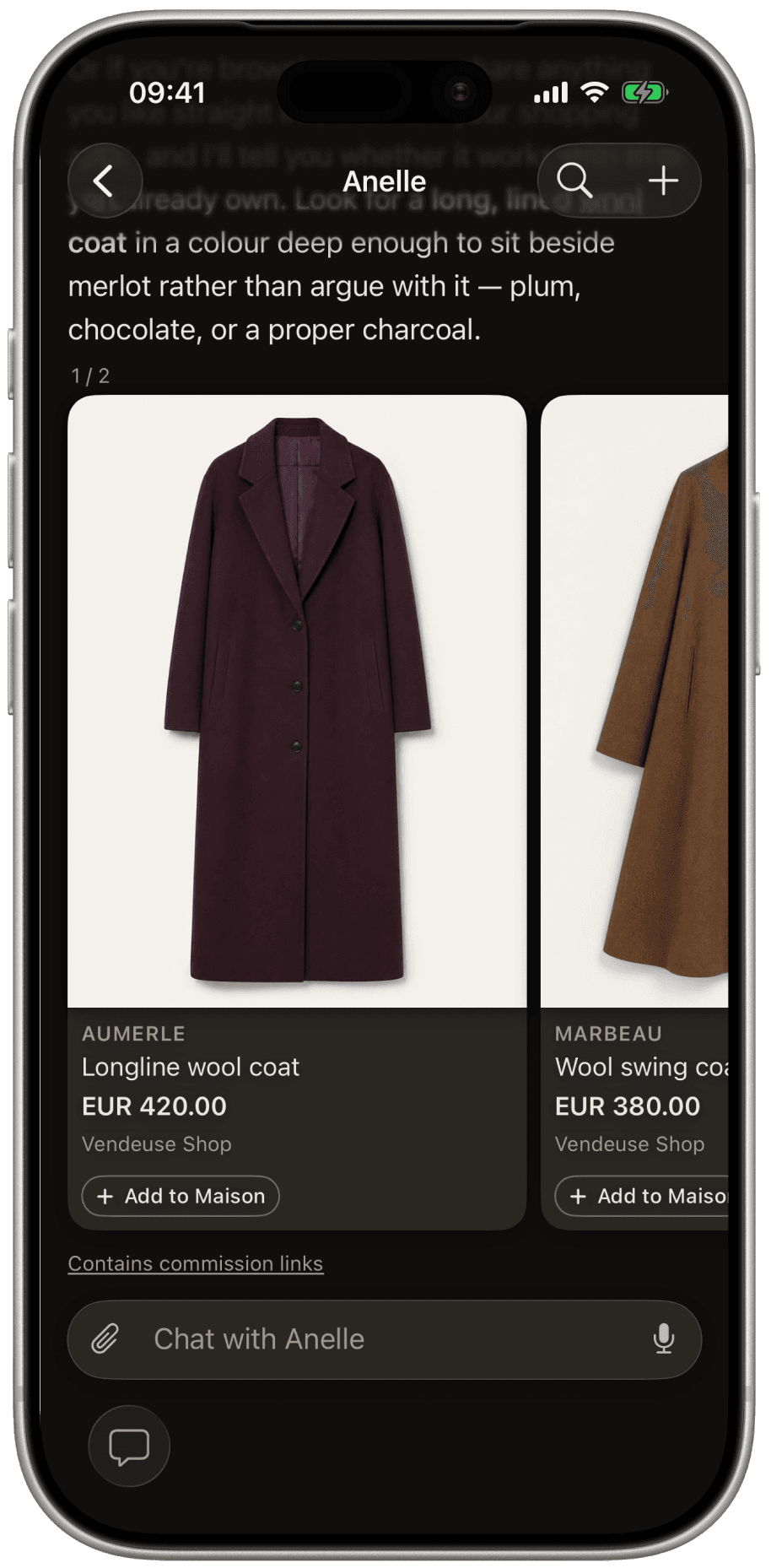 Two product cards, each carrying the retailer name, product name and price, with the commission-link disclosure beneath the group. The brands and the retailer name shown are invented placeholders; in a live programme the card carries the retailer's own name and links to their product page.